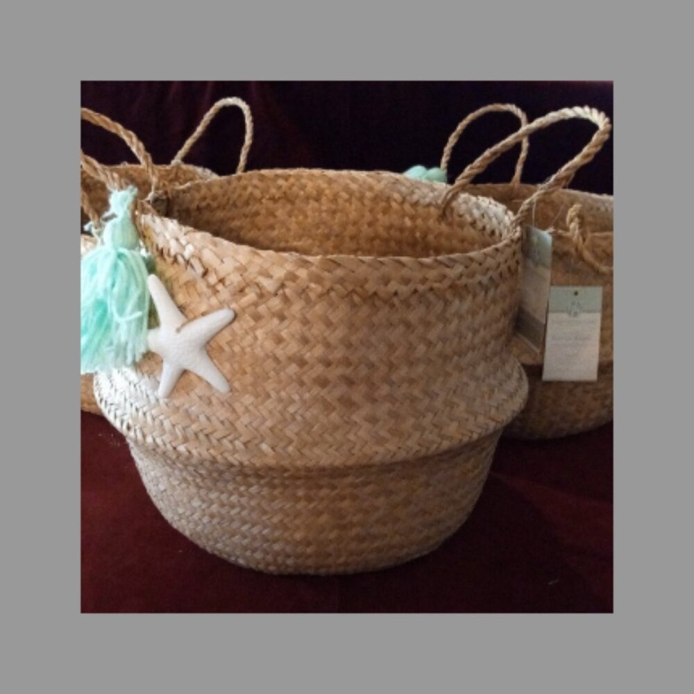 1 Only Woven Seagrass Pop Up Basket Teal Tassel Starfish
